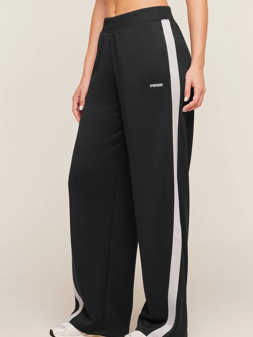 Gymshark Black Wide-Leg Track Pants with White Side Stripe Detail